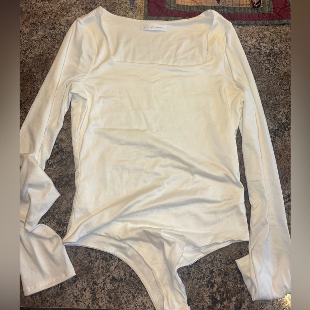Nanamacs White Square Neck Long Sleeve Bodysuit
